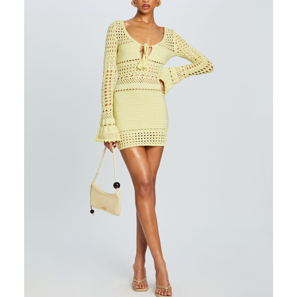 Retrofete Dresses & Skirts - Retrofete 'Peony' Yellow Cotton Knit Crochet Dress Size S